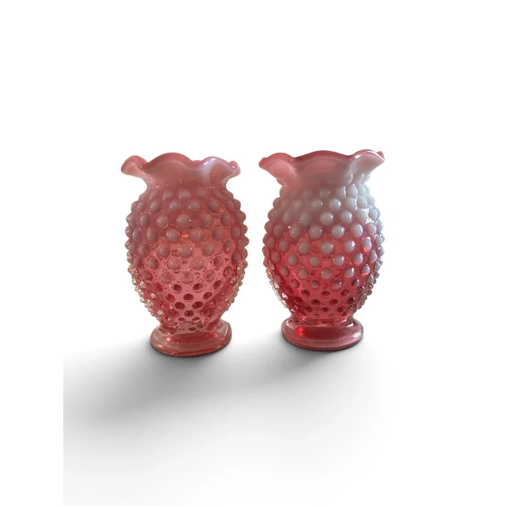 PAIR Vintage Fenton Vase Cranberry Opalescent Hobnail Glass Bud Vase Ruffle#08